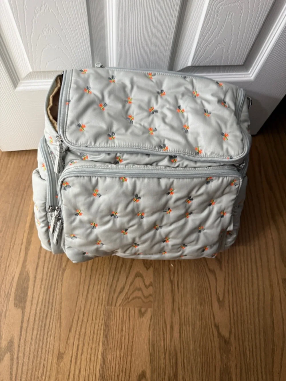 caraa Light Gray Quilted Baby Bag with Orange Floral Embroidery